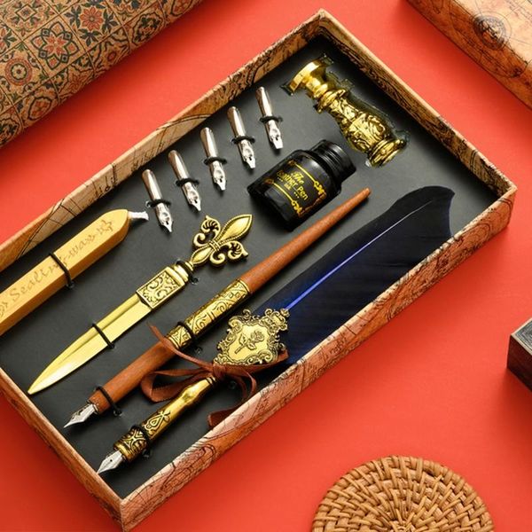 

vintage quill feather dip pen fountain writing ink 5 nibs seal wax gift box calligraphy stationery school supplies