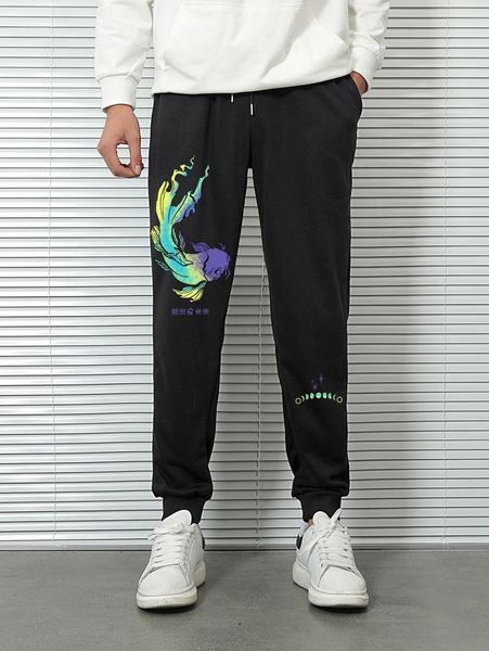

romwe guys fish graphic drawstring sweatpants 46pa#, Black