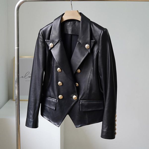 

women's leather & faux shzq 2021 arrival genuine jacket women windbreaker coat spring slim style clothes turn-down collar female clothi, Black