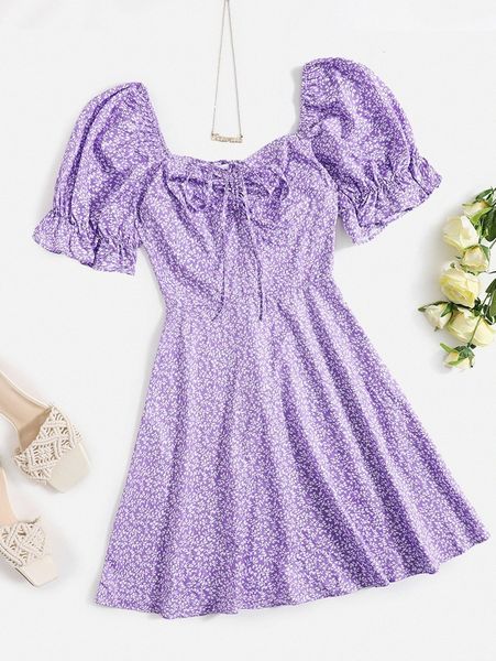 

allover plants print drawstring front ruffle cuff dress g1fc#, Black;gray