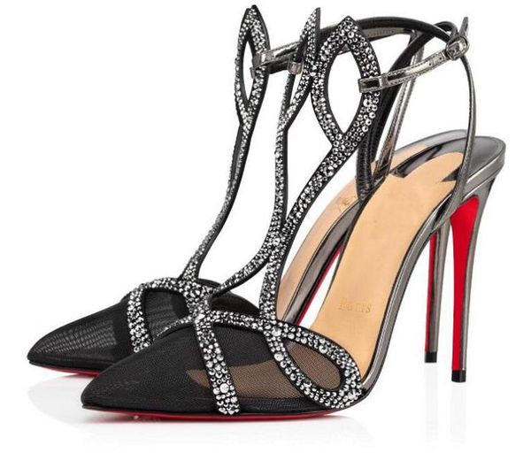 

elegant double l strass sandals luxurious brands red bottom women's high heels ankle strap ladies stiletto heels party,wedding sandalia, Black