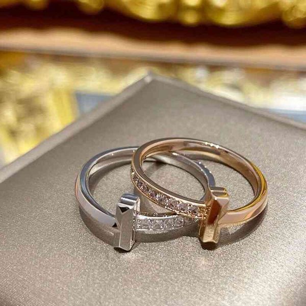 

selling tiffy home t1 ring sterling silver plated 18k gold-plated semi diamond series tail ring set with couple t-word is versatile