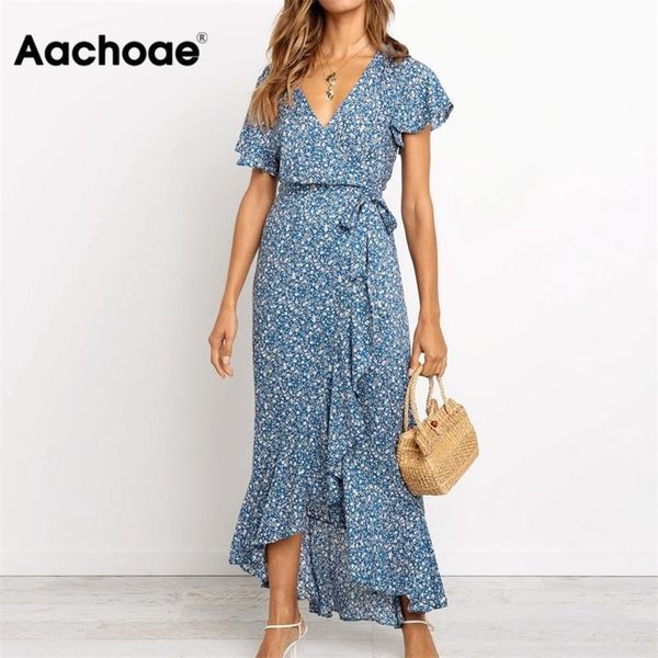 

aachoae long maxi dress women summer bohemian wrap floral print beach dress v neck split short sleeve ruffles sundress vestidos 210309, Black;gray