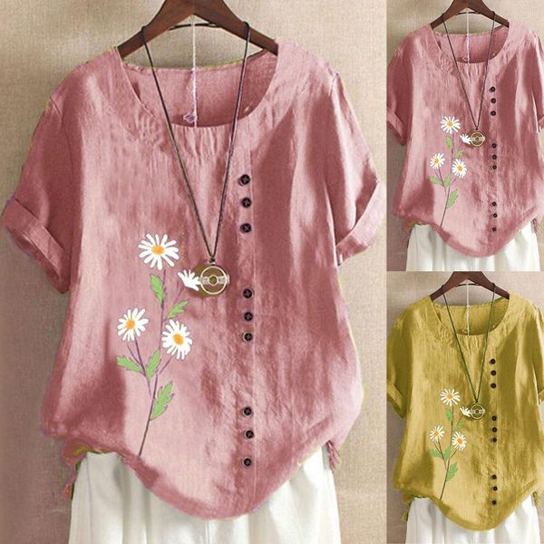 

women's t-shirt 2021 women print casual short sleeve o-neck button loose t shirt plus sizes clothing for poleras mujer e1, White