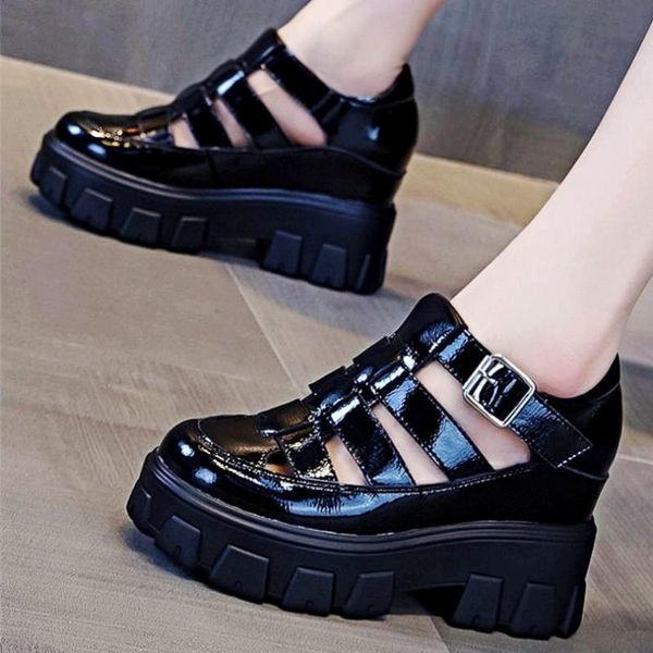 

sandals summer ankle boots gladiators women cow leather closed toe platform wedge high heels punk goth 34 35 36 37 38 39, Black