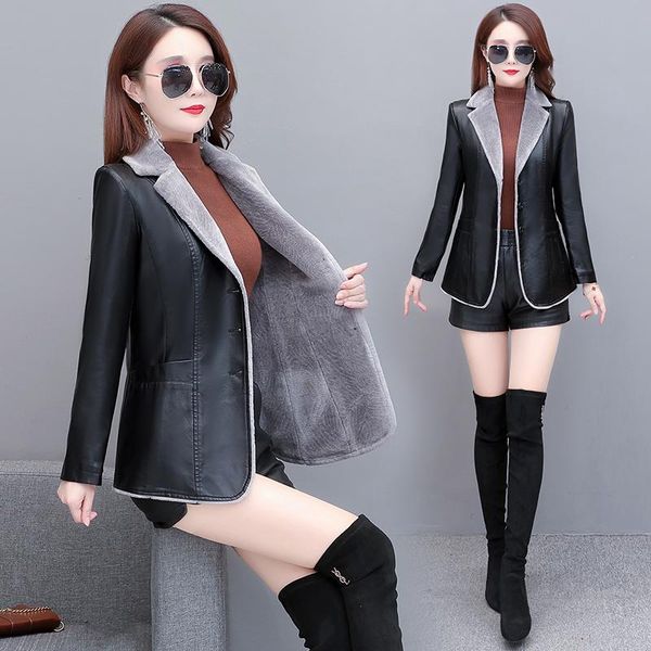 

women's leather & faux winter women fur coat pu short warm plush thick outerwear ladies padded locomotive jackets m-5xl, Black