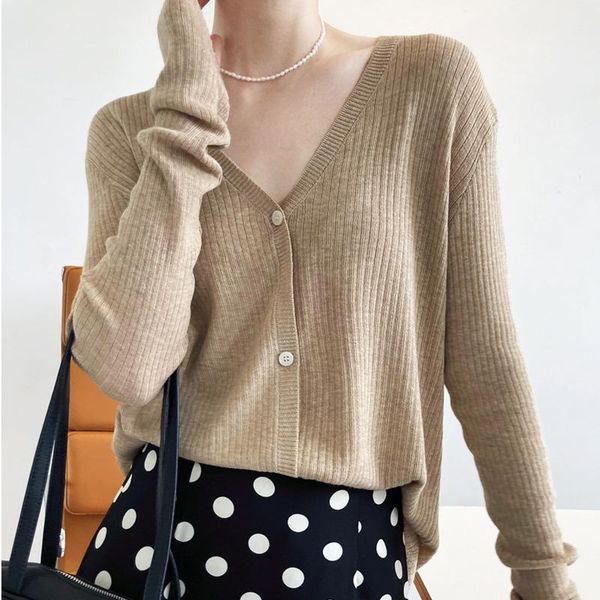 

women's knits & tees [ewq] korea autumn casual trend women v-neck single-breasted fashion simple long-sleeved knitted cardigan jacket 2, White