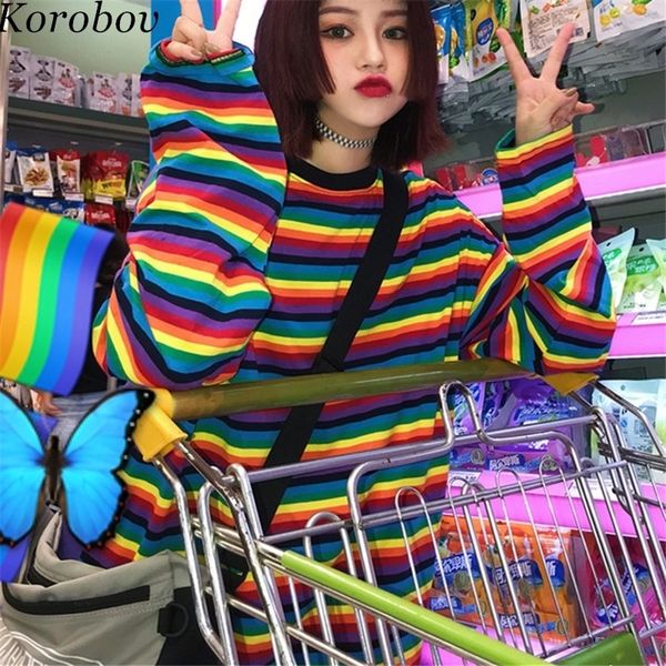 

korobov rainbow striped hoodies long sleeve harakuju hoodie female sweatshirt loose women pullover 76204 y200107, Black