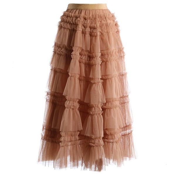 

mesh cake ruffled pleated big hem brown color high waist half-body skirt women fashion tide new spring autumn 2021 1dd3229, Black