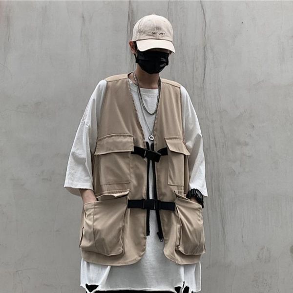 

men's vests cotton vest fashion solid color casual multi-pocket tooling wind jacket men streetwear wild loose couple gilet, Black;white