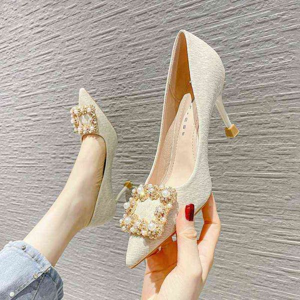 

dress shoes high heels 88202 high heel's 2022 spring and autumn fashion french girls' thin heel pointed pearl single shoes, Black
