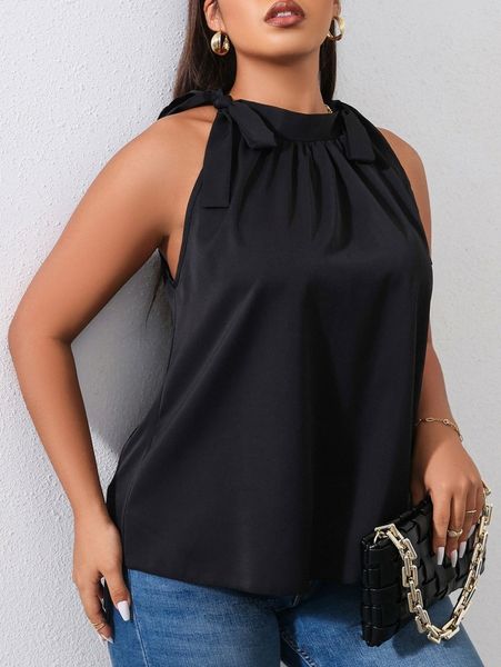 

plus tie shoulder halterneck blouse l7sx#, Black