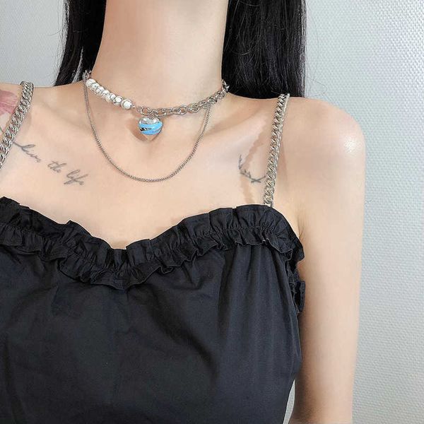 

japan and south korea simple metal cool style personality trend fashion love necklace, Silver