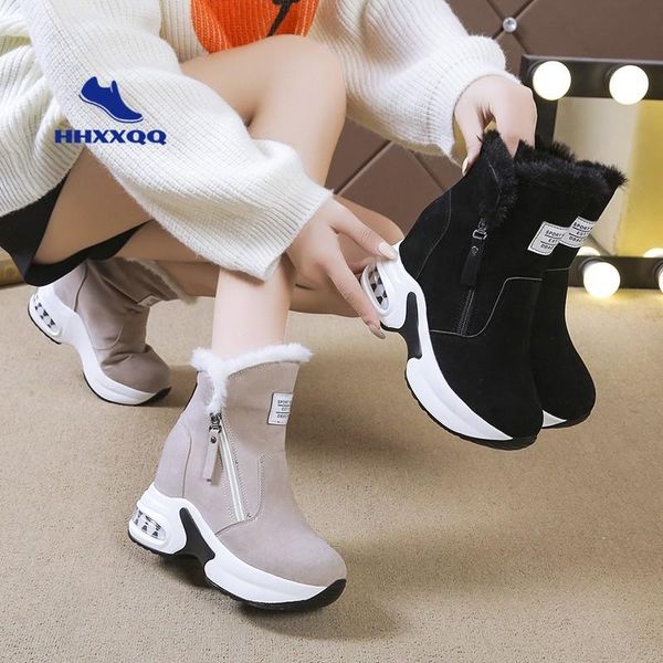 

boots women's winter plush warm women snow ankle internal increase platform ladies shoes zipper fashion female, Black