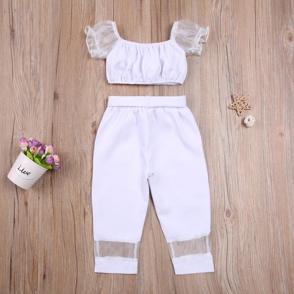 

kid toddler girls casual clothes sets, square neck puff short sleeve crop + pockets long pant with belt, White