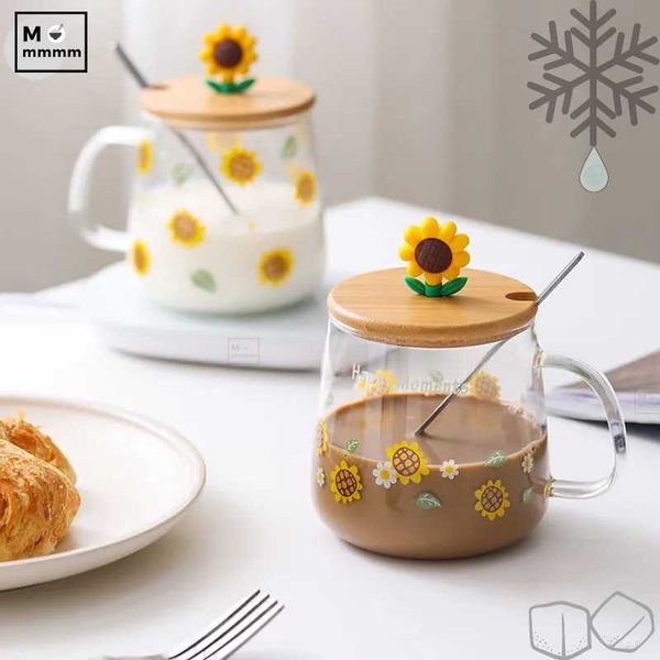 

mugs sunflower glass cup with straw coffee mug cute handgrip for breakfast milk oatmeal heat resistant home drinkware tool