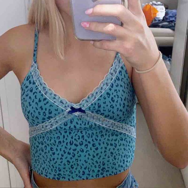 

90s frill leopard print spaghetti strap lace sleeveless crop tee women fashion patchwork cami summer, White