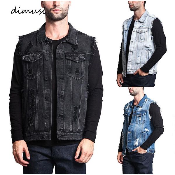 

men's vests dimusi summer autumn vintage design denim vest male retro sleeveless jackets casual ripped hole jean waistcoats clothing, Black;white