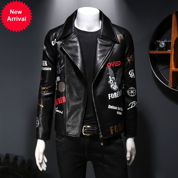 

letter printing faux leather black jacket men jaqueta motoqueiro autumn veste cuir homme, Black;brown