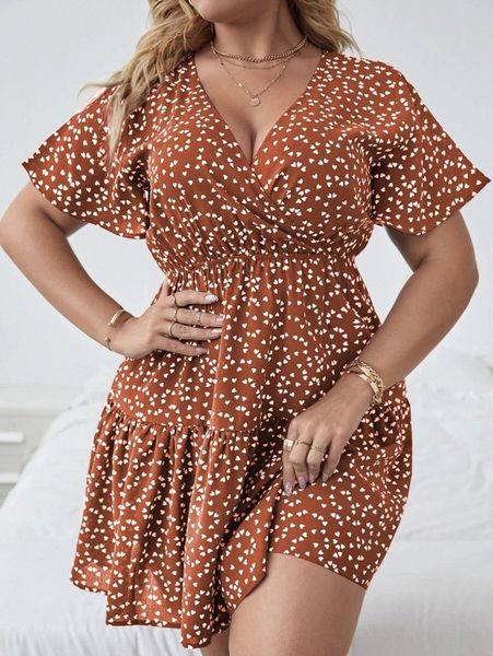

plus surplice front heart print dress v58v#, Black