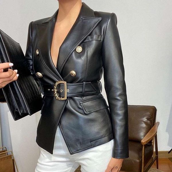 

women's suits & blazers fashion notched faux leather women elegant casual tie belt short jackets double breasted solid ladies, White;black