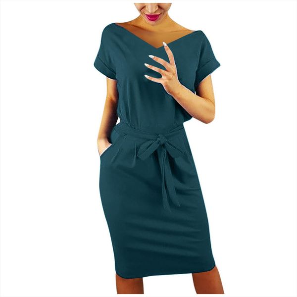 

elegent casual pocket summer womens dress short sleeve evening party belts sundress office, Black;gray