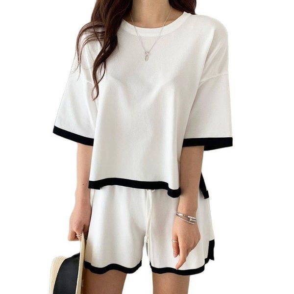 

women's tracksuits casual suit thin loose ice silk + wide leg pants shorts knitted two-piece 2021 summer fashion clothing, Gray