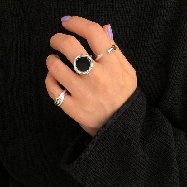 

cluster rings ypay 100% authentic 925 sterling silver open for women korea irregular geometric black glue tin foil ring jewelry ymr1058, Golden;silver