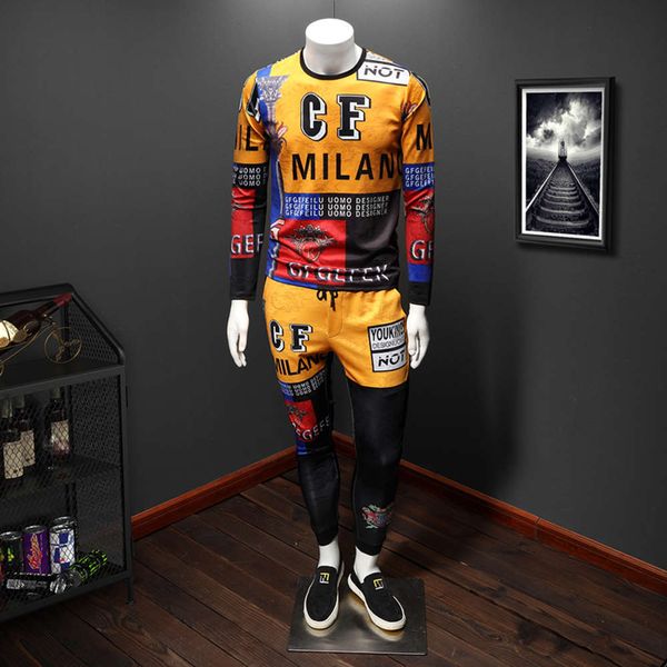 

brand 3d digital printed sweater suit trend round neck men's casual large fashion two piece setwinter, Gray