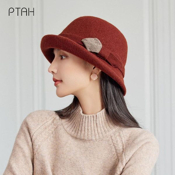 

wide brim hats [ptah] women's casual tweed hat autumn retro fedoras girl french artist warm wool winter beanie cap vintage elegant lady, Blue;gray