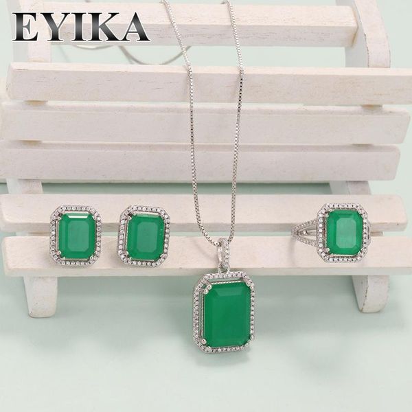 

earrings & necklace eyika vintage silver color rectangle emerald fusion crystal stone zircon earring/ring/necklace luxury women wedding jewe