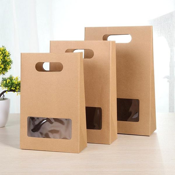 

gift wrap 10pcs hand-held kraft paper gifts packaging bags with transparent window for wedding home party candy bread baking takeaway bag