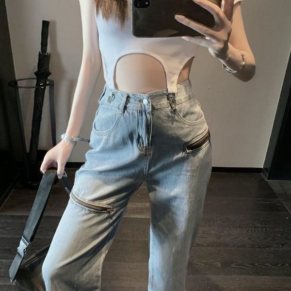 

harajuku style zipper patchwork women's fashion jeans plus size casual denim pants high waisted wide leg jeans, Blue
