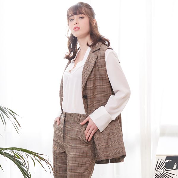

2021 spring vintage plaid blazer women casual sleeveless pockets ol coat waistcoat female single breasted vest outwears, Black;brown