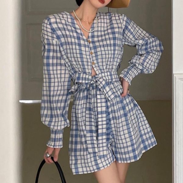 

women's tracksuits casual korean plaid women two piece set bandage slim waist short blouses + high a-line mini shorts skirts 2021 outfi, Gray