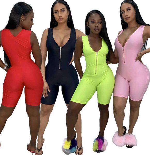 

wholesale women fitness jumpsuit tracksuits yoga pants summer sleeveless zipper turtleneck skinny slim female casual bodysuit outfits 869-1, Gray
