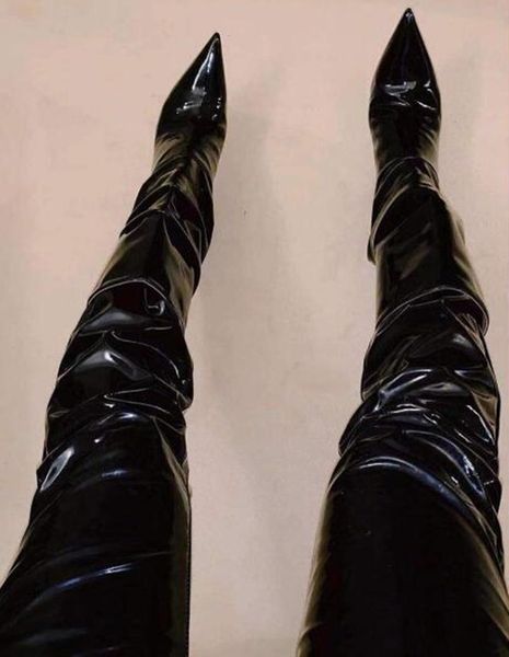

boots black brown shinny leather over the knee pointy toe stiletto heels tight high zipper patent winter long boot