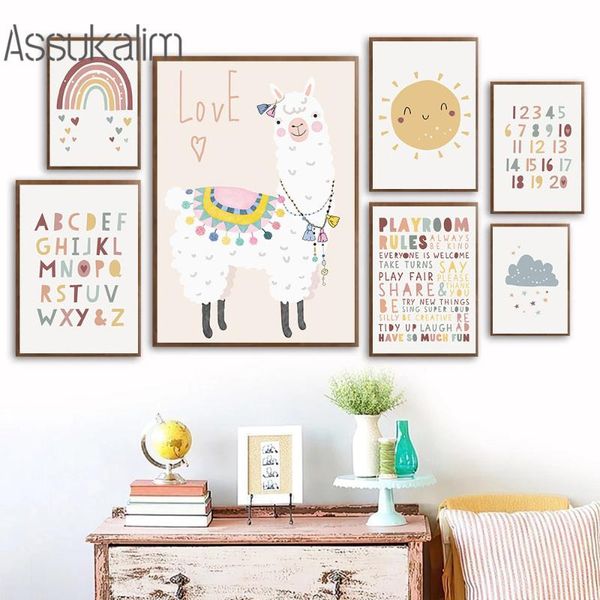 

paintings nursery posters and prints alpaca canvas painting sun rainbow poster abc alphabet print nordic picture kids room decoration