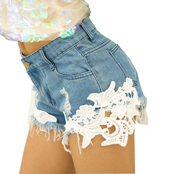 

fashion women high waist jeans shorts washed distressed shorts outdress jeans denim club lace floral summer short mujer, White;black