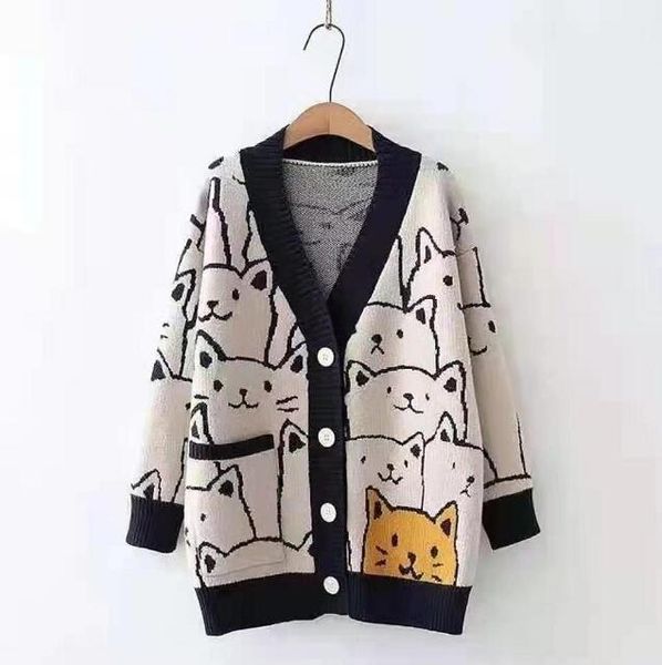 

harajuku cartoon cat print cardigan sweater men streetwear pattern knitwear fashion casual knitted jacket women unisex, White;black