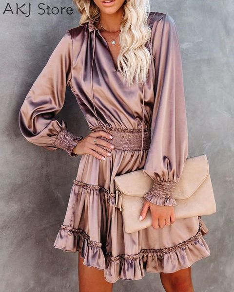 

casual dresses women elegant solid color lantern sleeve shirreing frill hem satin a-line dress, Black;gray