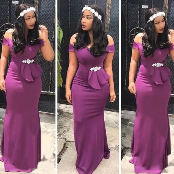 

purple bridesmaid dresses mermaid off the shoulder straps satin plus size 2022 beaded peplum custom made african maid of honor gown country, White;pink