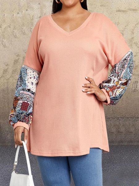 

women's t-shirt women spring fashion v-neck pullover female vintage chic patchwork long sleeve tee lady pink plus size loose casual, White