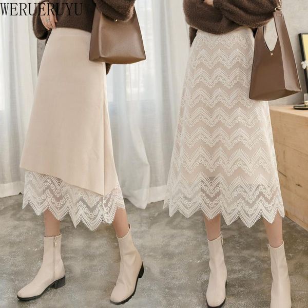 

werueruyu knitted lace skirts for girls women's mid length autumn & winter 2021 high waist wear on both sides lace a-line skirt, Black