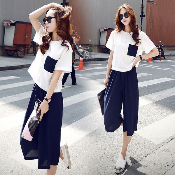 

2 pcs/set women summer casual cotton linen o-neck short sleeve + mid-calf pants two piece set female suit set, Gray