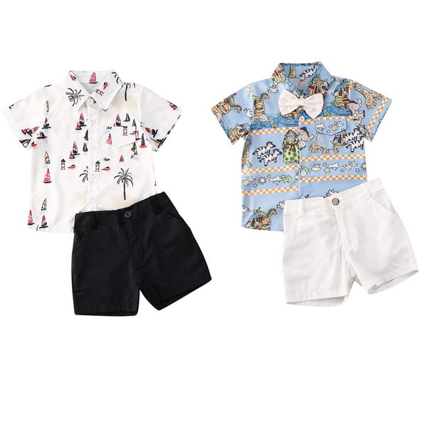 

1-6y summer toddler baby boys clothes sets cartoon animal floral print bow shirts +shorts gentleman outfits, White