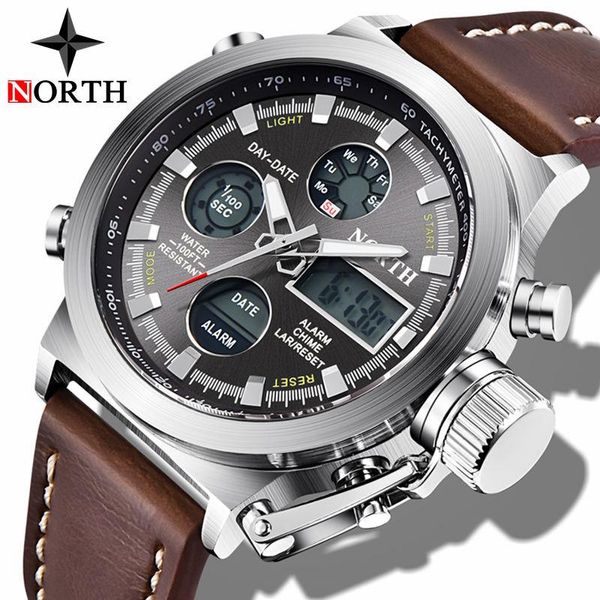 

wristwatches north mens sport digital watches waterproof leather satch analog quartz watch men casual clock relogio masculino, Slivery;brown