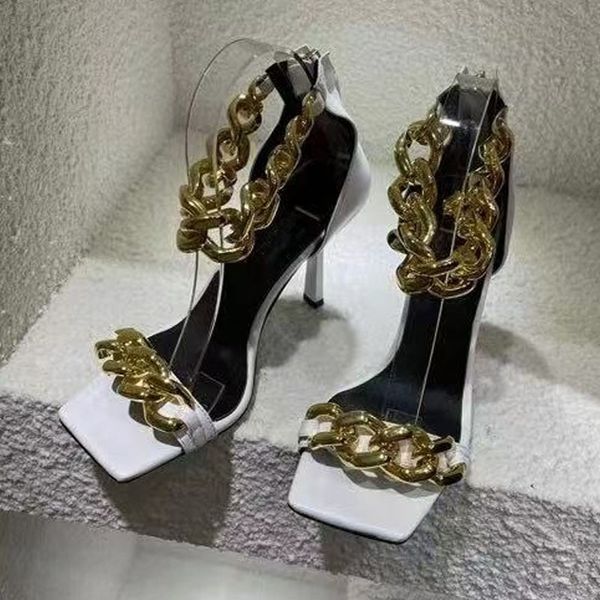 

70% off wholesale flip-flops shoes high heels summer breathable fashion metal chain designer sandals comfort real leather ladies girl luxury, Black