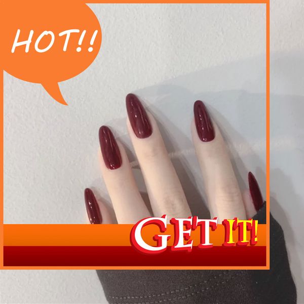 

decorated nail stylist diy hand nina 296 - changyuan wine red fake nail patch wear finished 24 es, Red;gold