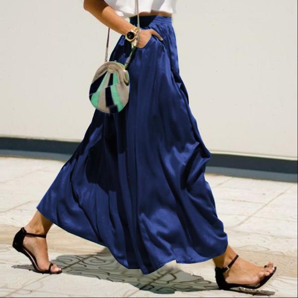 

anzea elegant lady solid long skirt womens skirts 2021 zcasual big swing faldas jupe femme loose pockets maxi skirt plus size 7, Black